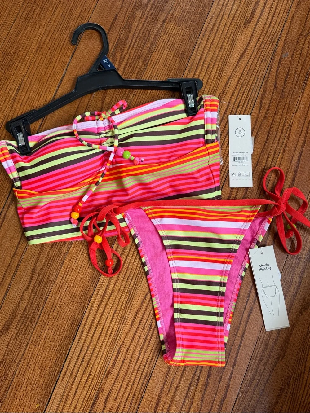 No Boundaries Striped Bandeau Tankini & Side Tie Bikini Set XS Colorful Bead NWT